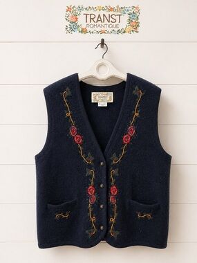 VINTAGE TRANSIT ROMANTICA Embroidered Wool Vest – Navy Blue – Size L